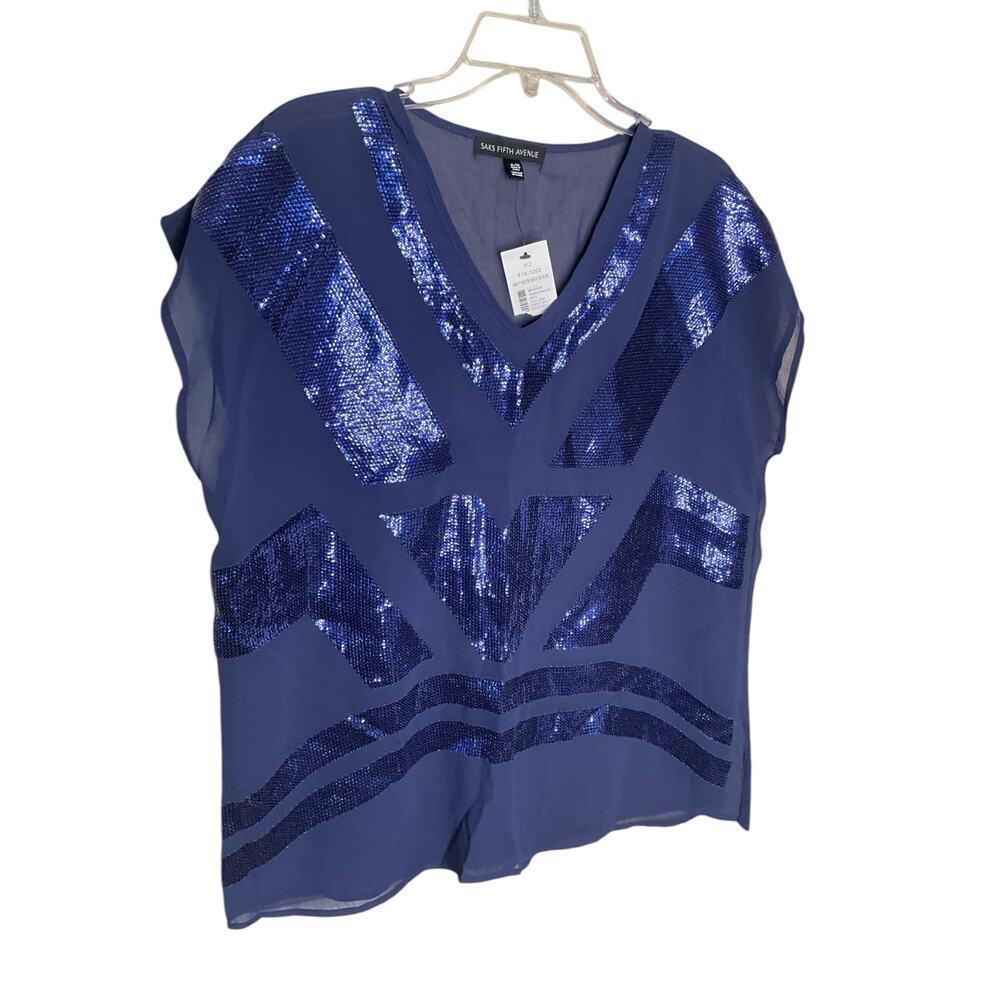 Saks Fifth Avenue Womens Sheer‎ Sequins Blouse V-Neck Pullover Blue Size XL NWT